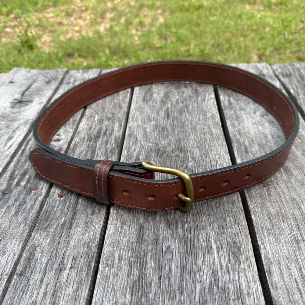 Mens Brown Leather Work Belt Size 38 Solid Brass Buckle Heavy‎ Duty Stitched